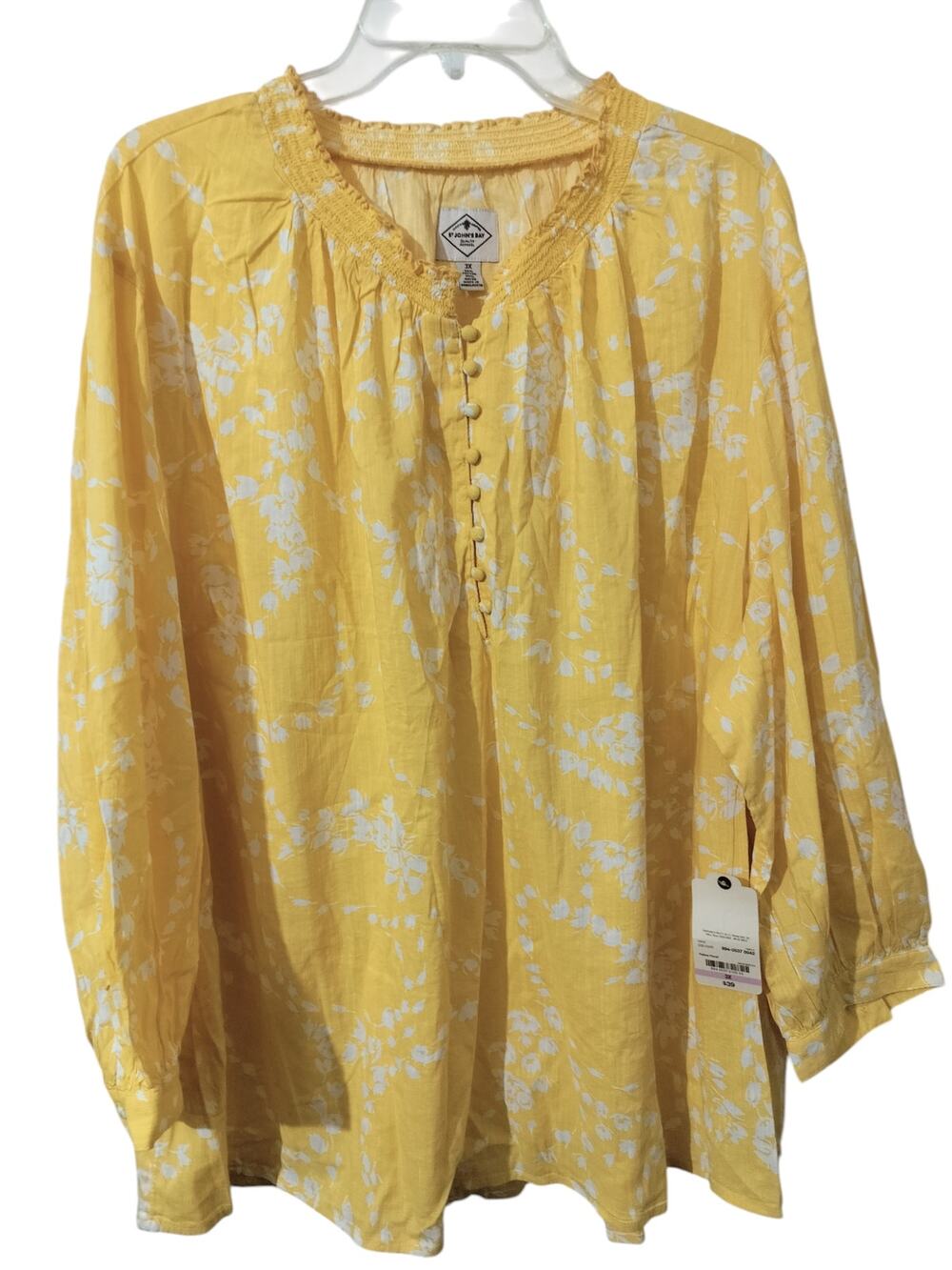 5754)St. John Bay Yellow  Floral Peasant Relaxed  Button Summer Blouse Plus 3X